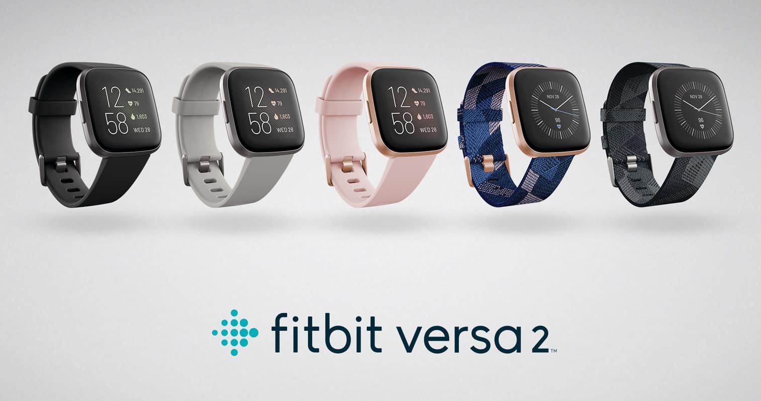 Product render of Fitbit Versa 2 inbox and Special Edition family.