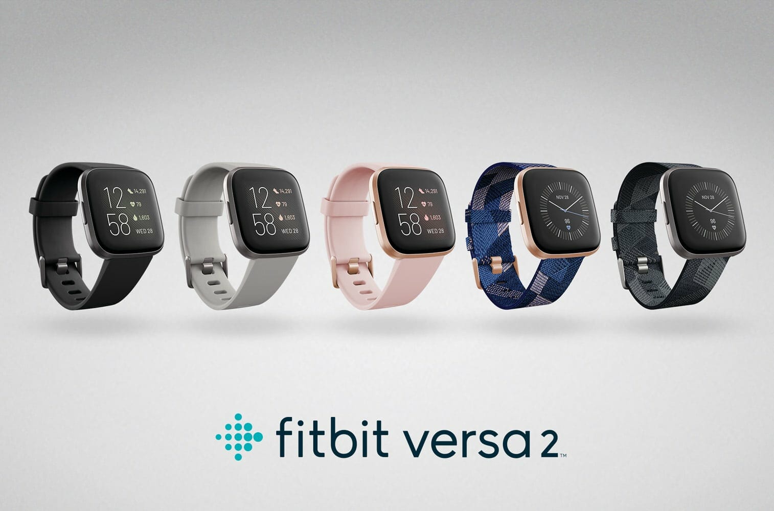 Product render of Fitbit Versa 2 inbox and Special Edition family.